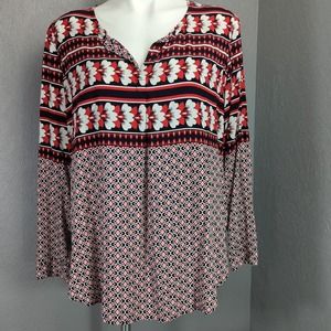 Crown & Ivy Shirt Womens L Red Navy Floral Long Sleeve Multi-Color Blouse